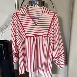 Nwt tankaneo Red and White Striped Blouse cute trim